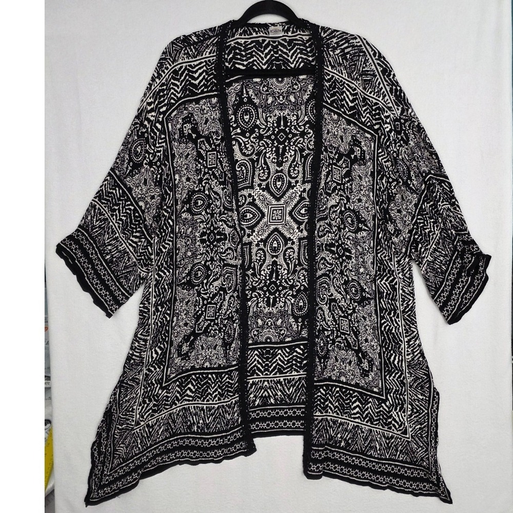 Bila SX697 Kimono Cardigan M/L Black Rayon Paisley Medallion Boho Oversized